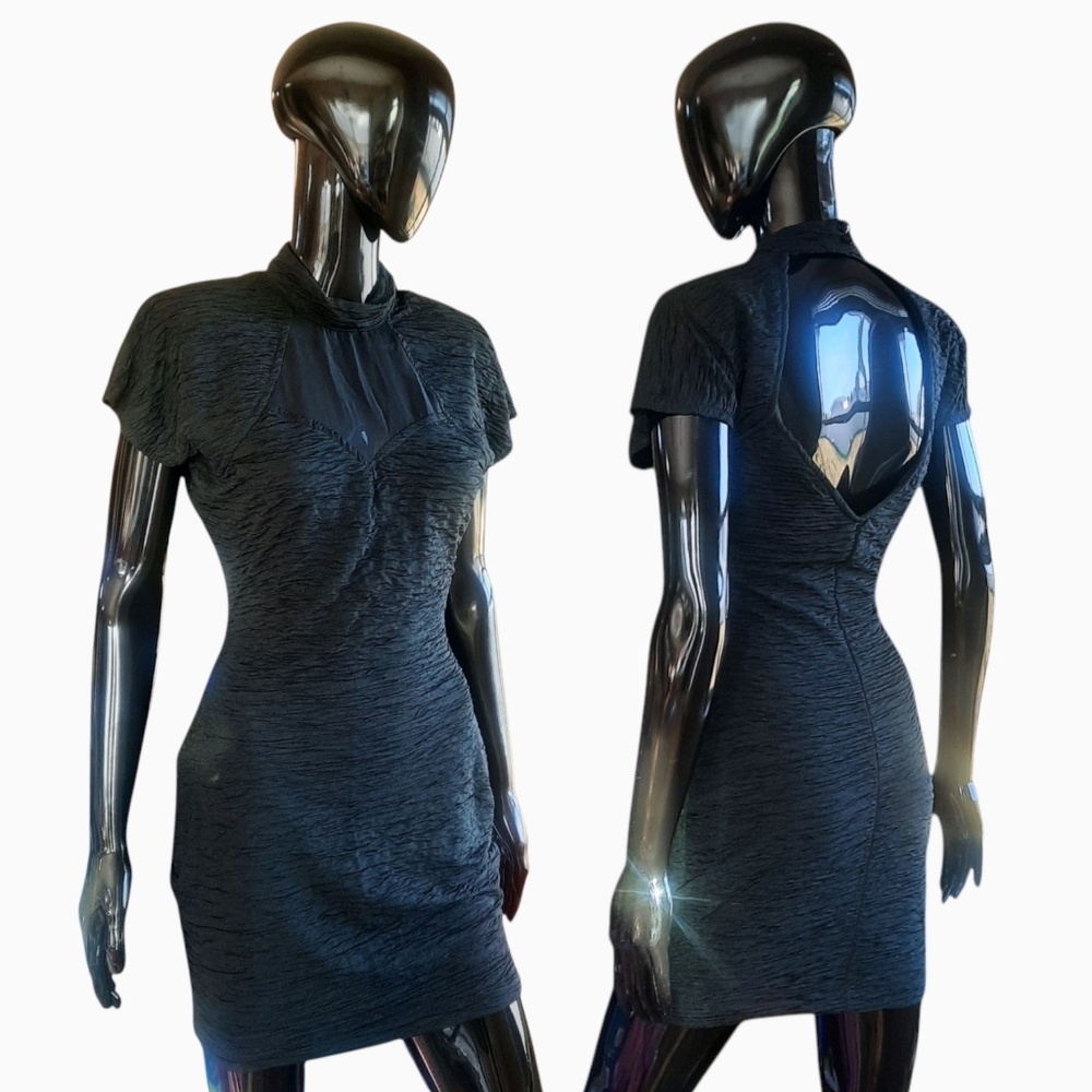 Vintage 80s 90s Absolutely Black Peekaboo Cocktail Dress with Open Back | Size M